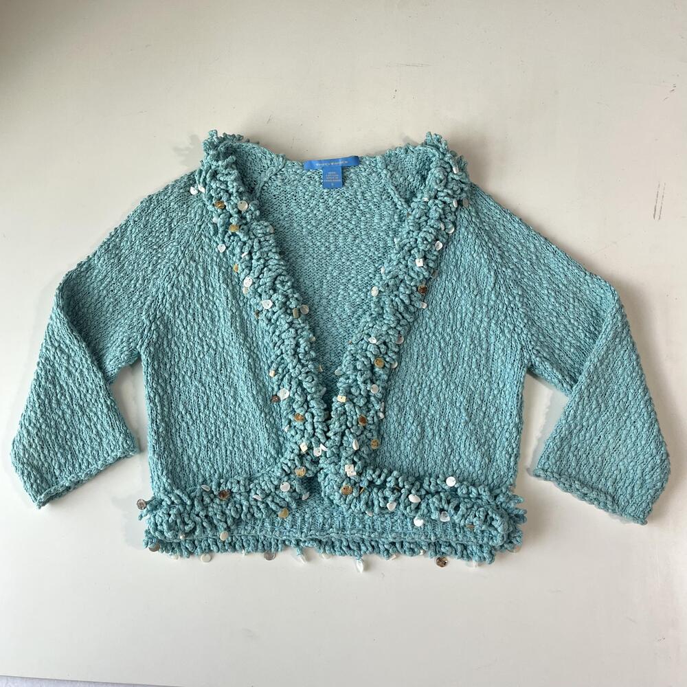 White + Warren Cardigan Sweater Womens Small Blue Cotton Sequin Trim Open Front